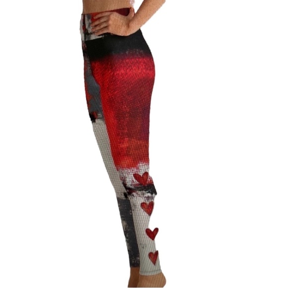 DEBBIE DANNHEISSER Abstract B/W w/ Red Hearts Fine Art High Waist Leggings LARGE - Picture 2 of 7